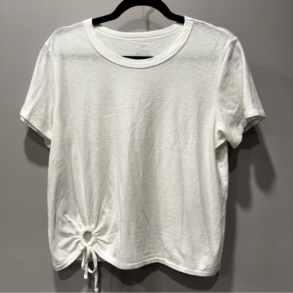 Aerie Distressed White Short Sleeve Top with Side Tie ~ Size L